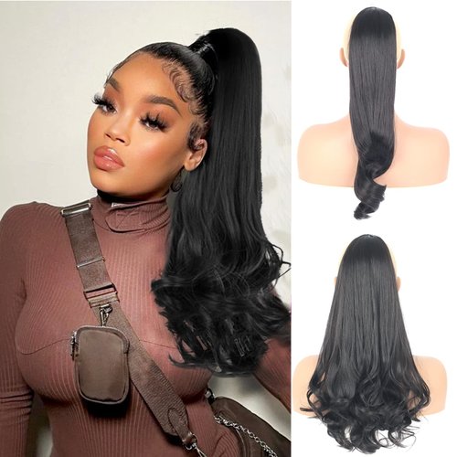 Long Ponytail Curly Hair Extensions Drawstring Ponytail for Black Women, Matthia 18inch Clip in Ponytails Hair Extensions Flipped ends Ponytail Hair Pieces for Women Fake Ponytail Wig (1B#)