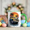 Yellow Off-Road Truck Design Ceramic Mug, 11oz Coffee Cup for Car Enthusiasts, Sunset Beach and Palm Tree Theme, Unique Summer Adventure Gift, Reusable Eco-Friendly Mug for Hot Beverages, Tea, Milk