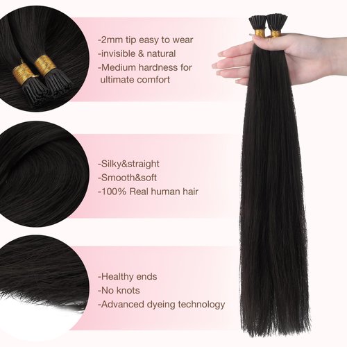 GOO GOO I Tip Hair Extensions Human Hair, 18inch 50g 50S, Real Human Itip Keratin Hair Extensions Pre Bonded, 1B Natural black