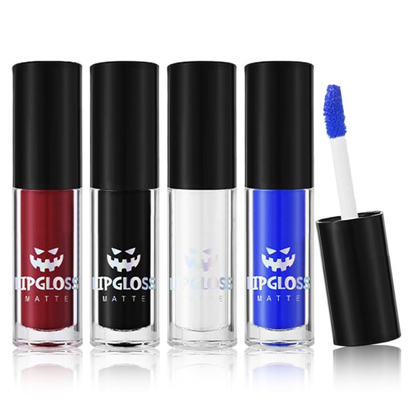 QIUFSSE 4PCS Black Blue White Liquid Lipstick Halloween Fake Blood Makeup Kit for Adults Smudge Proof Lip Gloss Long-lasting Lip Stain Suitable for Halloween Goth Makeup-Set A