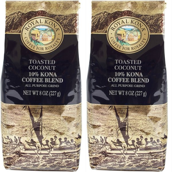 Royal Kona 10% Kona Coffee Blend, Toasted Coconut - 2 Pack Ground Coffee (2 x 8 Ounce)