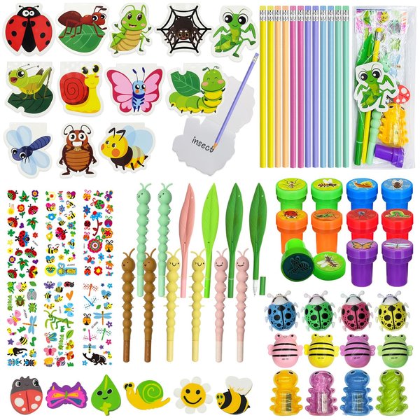 134 Pcs Insect Party Favors，Bug Bee Party Goodie Bags Fillers Bulk，Spring Insects Bug Game Pinata Gift Class Prizes Erasers Pens Pencils Stickers Stamps for School Birthday Spring Summer Party