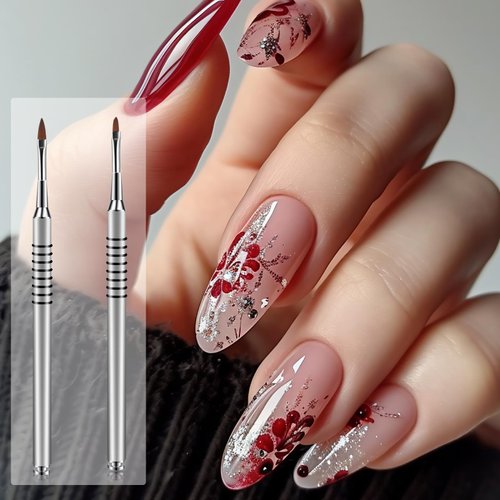 2 Pack 3D Nail Art Brush for Acrylic Powder, Kolinsky Acrylic Nail Brushes Set, Nail Lining Brush Nail Salon Painting Brush Pen with Non-Slip Handle, Silver Metal Nail Art Pen (Size #2#4)