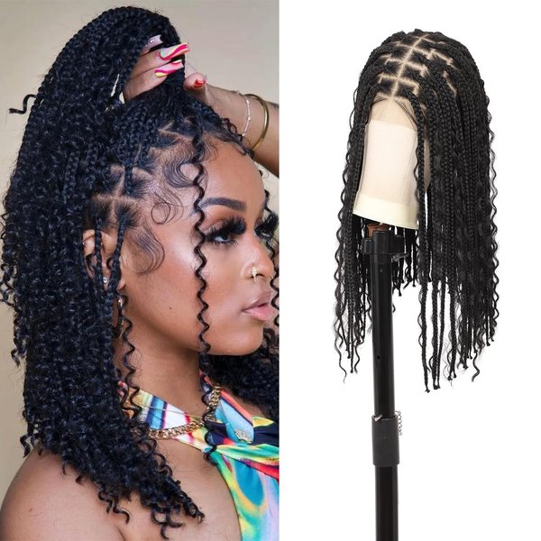 Lexqui 18" Boho Braided Wigs for Women 13x8 Inch Hd Lace Front Box Braid Wig Short Bob Knotless Braided Wigs with Curly End Box Braided Lace Front Wig Human Hair Blended Natural Black