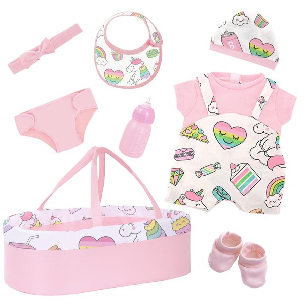K.T. Fancy 8 Pcs Creamy Pink Baby Doll Bassinet & Accessories fit 14-18 Inch Doll, Baby Doll Clothes Outfit and Bassinet with Unicorn and Rainbow Pattern