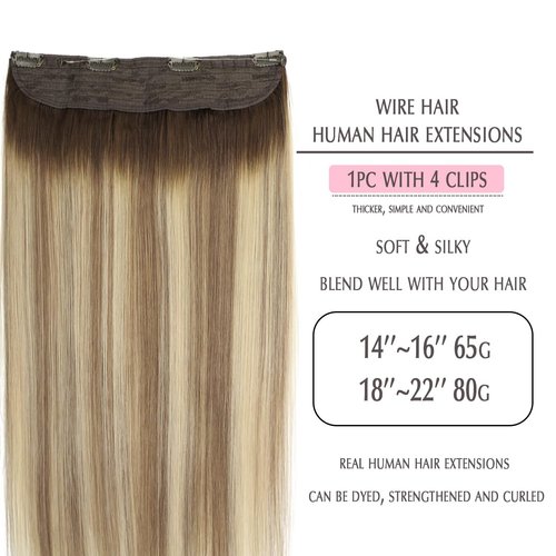 SURNEL Wire Hair Extensions Real Human Hair 20 inch 80g Balayage Walnut Brown to Ash Brown and Golden Blonde Remy Real Hair Extensions Invisible Wire Human Hair Extensions(20,3/8/22)