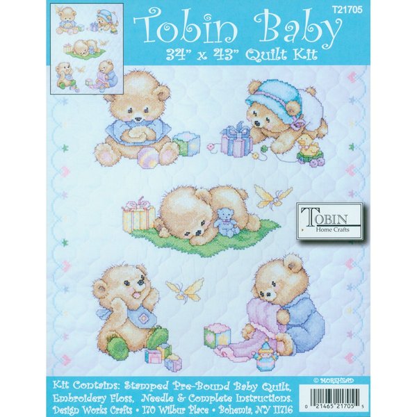 Tobin Bears Stamped for Cross Stitch Baby Quilt Kit, White/Multicolor , 43" x 34"