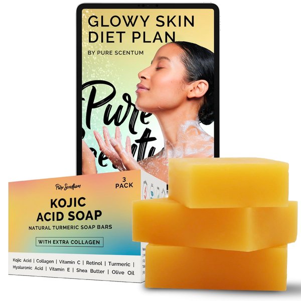 Pure Scentum - Natural Kojic Acid Soap Bars 3 x 3.05oz - Skin Brightening Soap Kojic Acid Dark Spot Remover For Face And Body - Turmeric Kojic Acid Soap With Vitamin C, Retinol, Collagen