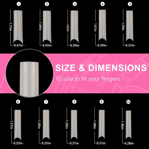 Square C Curve Extra Long Nail Tips, Half Cover Clear Acrylic Fake Nail Tips, Press On Nail False Nails with Case for Nail Salons and DIY Nail Art, 200PCS, 10 Sizes (Clear)