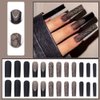 ANDGING Black Press on Nails Long Coffin, Fake Nails for Women with Matte Heart Design, Acrylic Glue on Nails, Square False Nails Press on, Reusable Stick on Nails for Wedding Christmas 24Pcs