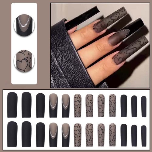 ANDGING Black Press on Nails Long Coffin, Fake Nails for Women with Matte Heart Design, Acrylic Glue on Nails, Square False Nails Press on, Reusable Stick on Nails for Wedding Christmas 24Pcs
