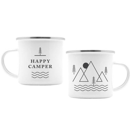Journo Happy Camper Enamel Camping Mug - Black, 10 Oz (295 ml), Ecofriendly Outdoor Camper Mugs Ideal For Early Morning Coffee Or Cold Campfire Beer. (2 Custom Designs To Pick From Travel Co.) …