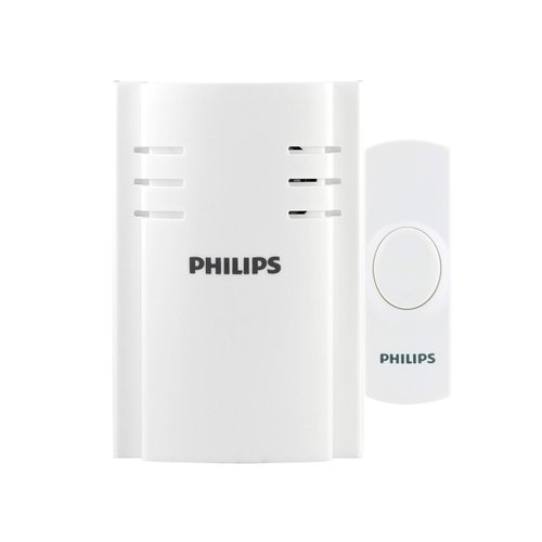Philips Wireless Doorbell Kit, Plug-In Reciever, 1 Push Button, 2 Melodies, 4 Volume Levels, 150 Ft Range, White, DES2120W/27
