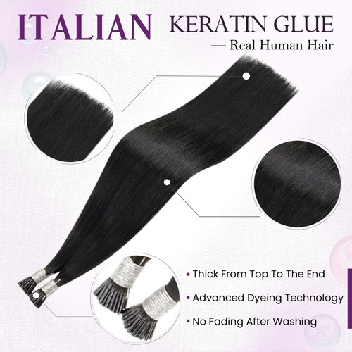 LaaVoo I Tip Hair Extensions Human Hair Black Itip Human Hair Extensions Jet Black I Tips Hair Extensions Real Human Hair for Black Women Stick Tip Straight 24" 50g/50s