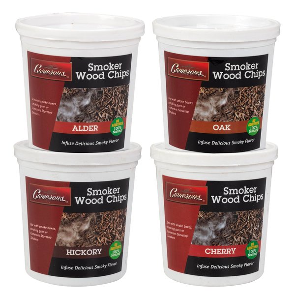 Camerons All Natural Extra Fine BBQ Wood Chips, 4 Pack - Alder, Cherry, Oak, Hickory (4 Pints, 0.473L ea) - Kiln Dried Sawdust Shavings for Smoking Guns, Smokers, Smoke Boxes - Barbecue Grilling Gift