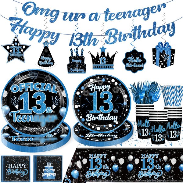 Yingoto 160pcs 13 Birthday Boy Decorations Plate, Officially a Teenager Party Decorations 13th Birthday Plates and Napkins Banner Teenage Boy Birthday Decorations 13th Birthday Decorations for Boys