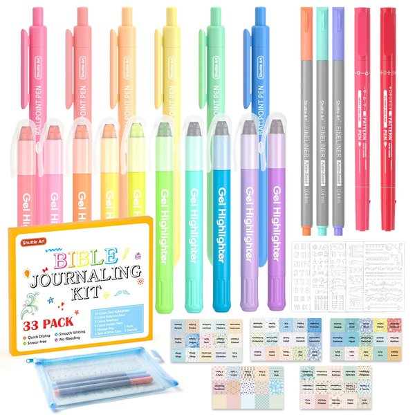Shuttle Art Bible Highlighters and Pens No Bleed, 33 Pack Bible Journaling Kit, Bible Pens Gel Highlighters and Bible Tabs with a storage bag, Bible Markers No Bleed Through