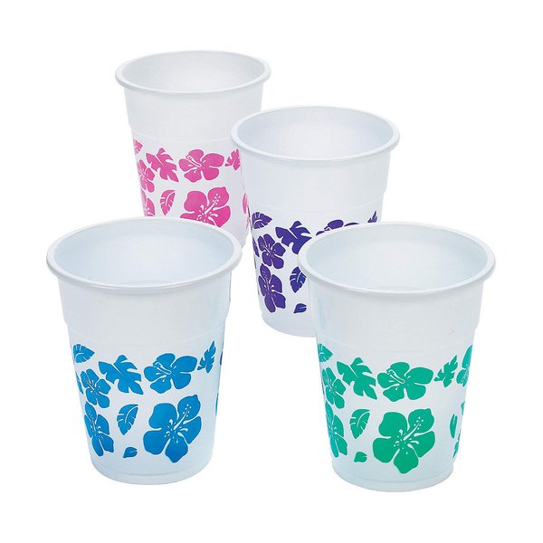 Fun Express Hibiscus Design Disposable Cups, Bulk Set of 50 - Each Holds 16 oz - Luau, Tiki and Summer Party Supplies Drinkware