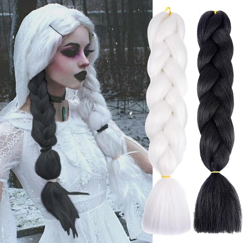 White Black Jumbo Braiding Hair Extensions 24 Inch Ombre Braiding Hair for Women Pre stretched High Temperature Synthetic Fiber Hair Twist Crochet Braids for Halloween Cosplay Party Makeup Carnival