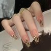 Hkanlre Bling Coffin Press on Nails Fake Nails Tips Full Cover Medium False Gradient Nails for Women and Girls 24PCS (Gold Coffin)