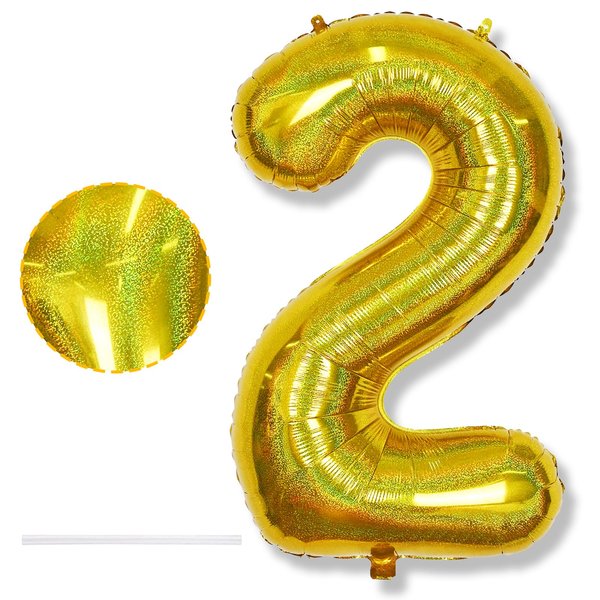Number 2 Balloons, 40 Inch 2nd Birthday Foil Balloon Laser Gold Decor, Big Self Inflating Helium Globos Dorados Two Balloon Numebrs for Girls 2 Year Old Birthday Anniversary Party Decorations Supplies