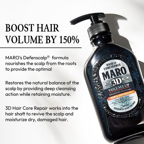 MARO 3D Volume Up Shampoo - Achieve 150% More Volume, Improve Scalp + Repair and Strengthen for Healthy Hair - w/Soy Protein, Glutamic Acid, & Whey for Stronger Hair - 15.6 oz / 460 ml