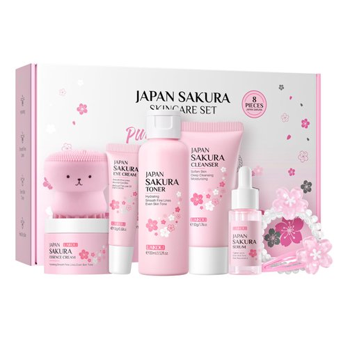 LAIKOU Skin Care Set, Sakura Skin Care Sets & Kits with Cleanser, Toner, Serum, Face Cream, Eye Cream, Hairpin, Hair Rope, Pink Octopus Cleansing brush, Gift Set for Teenage Girls Women, 8PCS