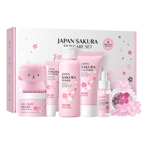 LAIKOU Skin Care Set, Sakura Skin Care Sets & Kits with Cleanser, Toner, Serum, Face Cream, Eye Cream, Hairpin, Hair Rope, Pink Octopus Cleansing brush, Gift Set for Teenage Girls Women, 8PCS