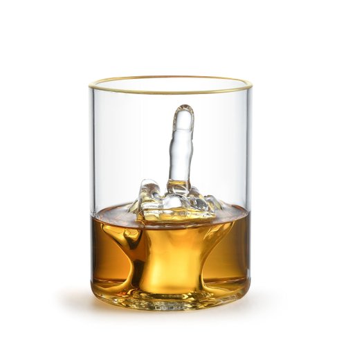 RUGLUSH Middle Finger Funny Whiskey Glass – Premium Up Yours Funny Glass for Whiskey, Liquor – Non-BPA Glass with Luxurious Gold Rim – Home Bar Accessories Ideal for Man Cave, Fun Gag Gift