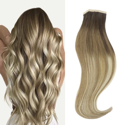 HOTBANANA Tape in Hair Extensions, 20 Inch Tape in Hair Extensions Human Hair 20pcs 50g Walnut Brown to Ash Brown and Bleach Blonde Balayage Tape Hair Extensions Straight Human Hair Tape in Extensions