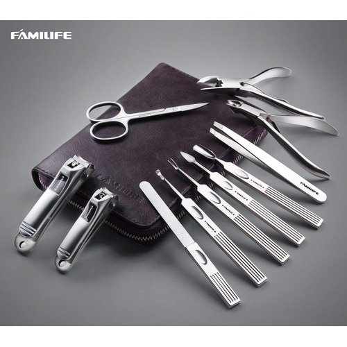 FAMILIFE Manicure Set, Nail Clippers Set Professional Manicure Kit 11 in 1 Stainless Steel Pedicure Tools Nail Kit Mens Grooming Kit with Portable Leather Travel Case Dark Purple Birthday Gifts