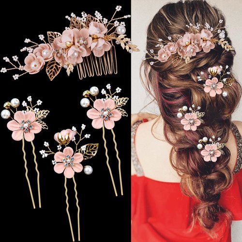 4 Pieces Bridal Flower Wedding Hair Comb Rhinestones Crystal Floral Hair Pins Hair Clips Wedding Hair Accessories Hair Jewelry for Brides Bridesmaids Women Girls(Pink)