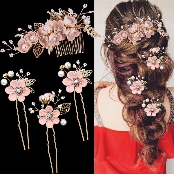 4 Pieces Bridal Flower Wedding Hair Comb Rhinestones Crystal Floral Hair Pins Hair Clips Wedding Hair Accessories Hair Jewelry for Brides Bridesmaids Women Girls(Pink)