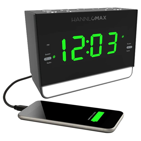 HANNLOMAX HX-128CR Alarm Clock Radio, PLL FM Radio, 1.2 inches Green LED Display, Dual Alarm, 6 Levels Night Light, USB Port for 1A Charging, AC/DC Adaptor Included