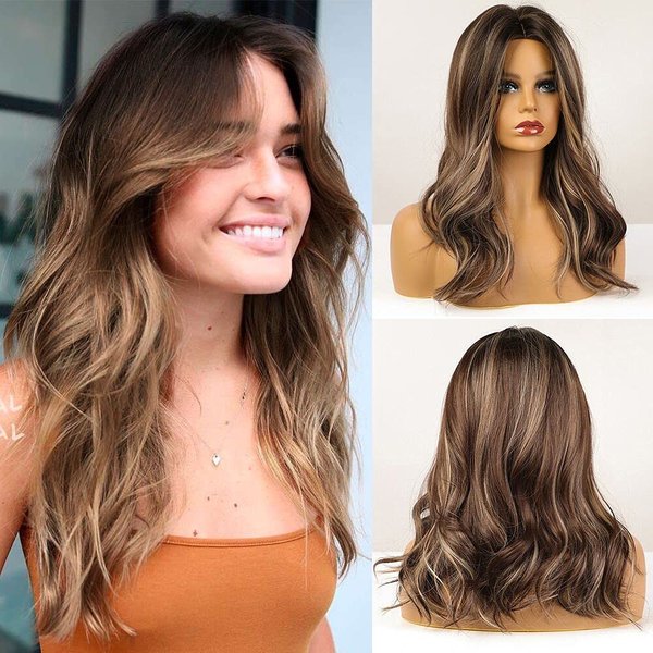 Qihang Ombre Brown Wigs for Women Highlight Middle Part Long Wavy Wig Shoulder Length Natural Synthetic Wigs Mixed Brown Ombre Wig for Daily Party Use