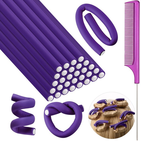 Syhood 30 Pcs 7'' Flexible Curling Rods Twist Foam Hair Rollers Soft Foam No Heat Hair Rods Rollers and 1 Steel Pintail Comb Rat Tail Comb for Women Long Short Hair(Purple,7 x 0.3 Inch)