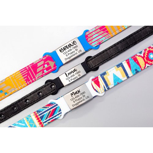 Custom Slide On Pet Tag ID, Fancy Silent Dogs & Cats Personalized No Jingle Engraved Identification Name & Phone Charm for Collar & Harnesses, No Noise for Puppies, Kitties, Horses & Animals