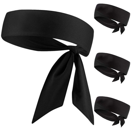 Black Head Tie Headband, Tie Up Sweatband for Tennis Sweat Hair Band Ninja Karate Pirates Basketball, Running, Workout (Black 4 Pack)