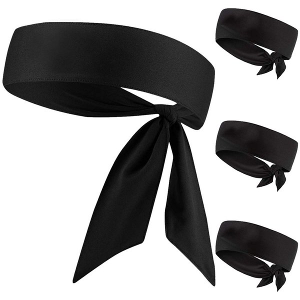 Black Head Tie Headband, Tie Up Sweatband for Tennis Sweat Hair Band Ninja Karate Pirates Basketball, Running, Workout (Black 4 Pack)
