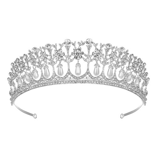 SWEETV Princess Diana Tiara for Women, Silver Pearl Wedding Crown for Bride, Rhinestone Costume Accessories for Birthday Party Prom