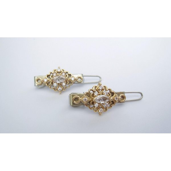 Two small tiny gold and clear crystal hair pin clip barrettes fine hair