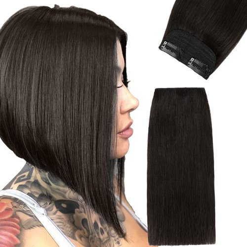 FUOTONBUTY 1 Pcs Short Hair Extensions Clip in 8 Inch Natural Black Hairpiece Human Hair Toppers for Women With Thinning Hair Adding Hair Volume