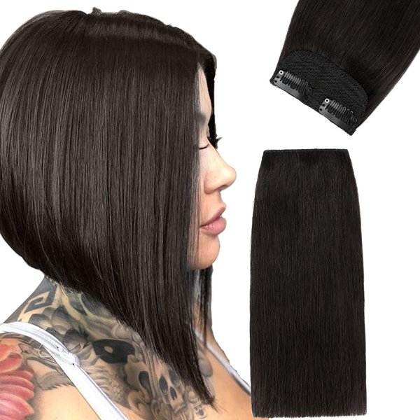 FUOTONBUTY 1 Pcs Short Hair Extensions Clip in 8 Inch Natural Black Hairpiece Human Hair Toppers for Women With Thinning Hair Adding Hair Volume