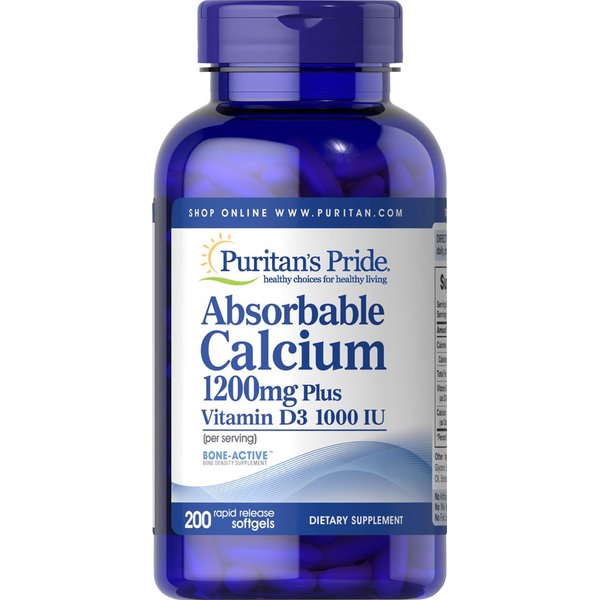 Puritan's Pride Absorbable Calcium with Vitamin D 3 1000iu Softgels, 1200 mg, 200 Count