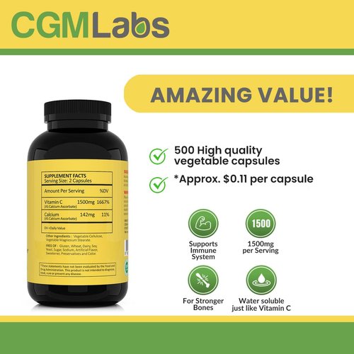 CGMLABS Non Acidic Vitamin C Dietary Supplement 1500mg with Calcium. Gentle on Stomach, Immune/Bone Support (500)