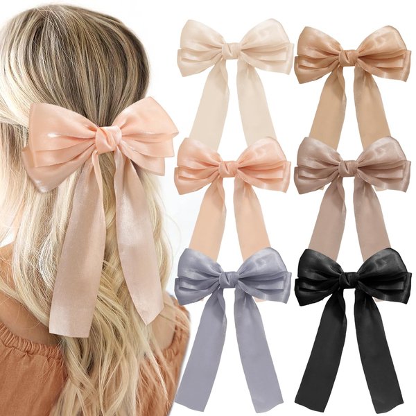 Tiefebene 6Pcs Hair Bows, Silky Satin Hair Bow Clips for Women Girls, Hair Barrettes with Long Tail, Ponytail Holder Accessories with Slides Metal Hair Ribbon Bow Clips for Teens Kids Birthday Gift
