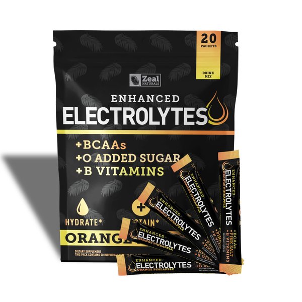 Enhanced Powder Stick Packs (Orange Pineapple | 20 Packets) w/ 0 Sugar +BCAAs +B-Vitamins Electrolyte Supplement w Potassium Zinc & Magnesium for Hydration - Keto Electrolytes