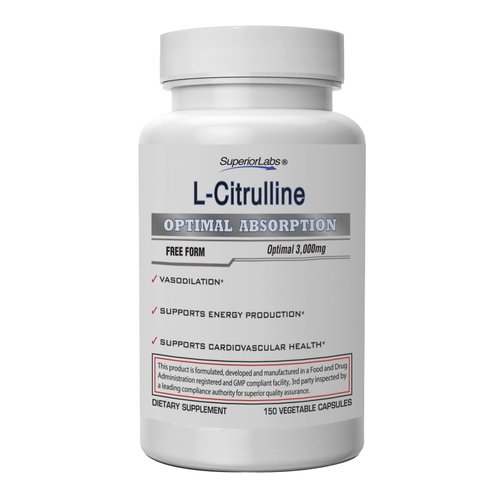 Superior Labs L-Citrulline 3000 mg, Non-GMO, High-Potency Free-Form Amino Acid, Nitric Oxide & Vasodilation Booster, Pre-Workout Muscle Pump, Endurance, Cardiovascular Support, 150 Veg Caps
