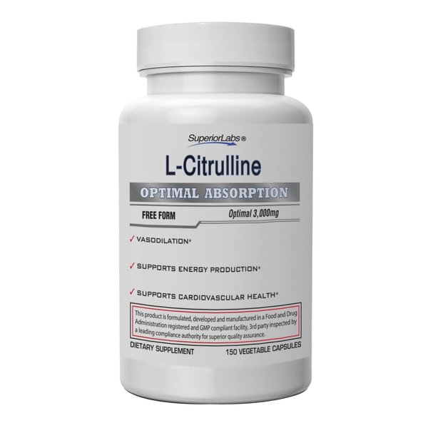 Superior Labs L-Citrulline 3000 mg, Non-GMO, High-Potency Free-Form Amino Acid, Nitric Oxide & Vasodilation Booster, Pre-Workout Muscle Pump, Endurance, Cardiovascular Support, 150 Veg Caps
