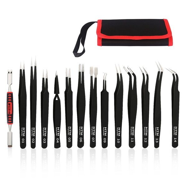 HengTianMei Precision Tweezers Set Anti-static ESD Tweezers Kit, with metal crowbar and tweezers storage bag (13 + 1)